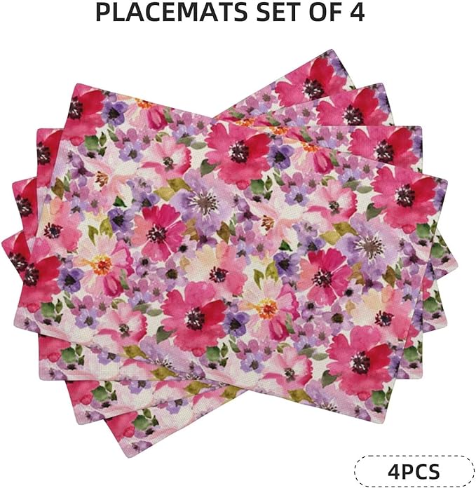 Watercolor Floral Placemats Set of 4, Seasonal Spring Multicolor Flower - Image 2