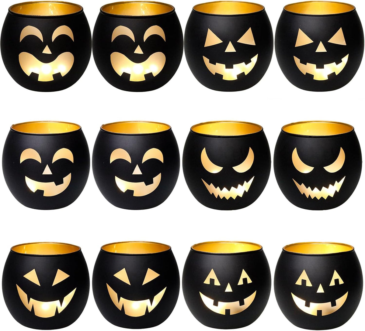 SHMILMH Halloween Table Centerpiece Candle Holders Set of 12, Black and Gold Glass Votive Holder with 6 Grimace, Tealight Holders Bulk for Halloween Party Decor
