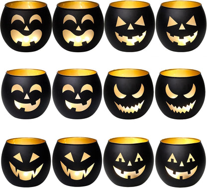 SHMILMH Halloween Table Centerpiece Candle Holders Set of 12, Black and Gold Glass Votive Holder with 6 Grimace, Tealight Holders Bulk for Halloween Party Decor