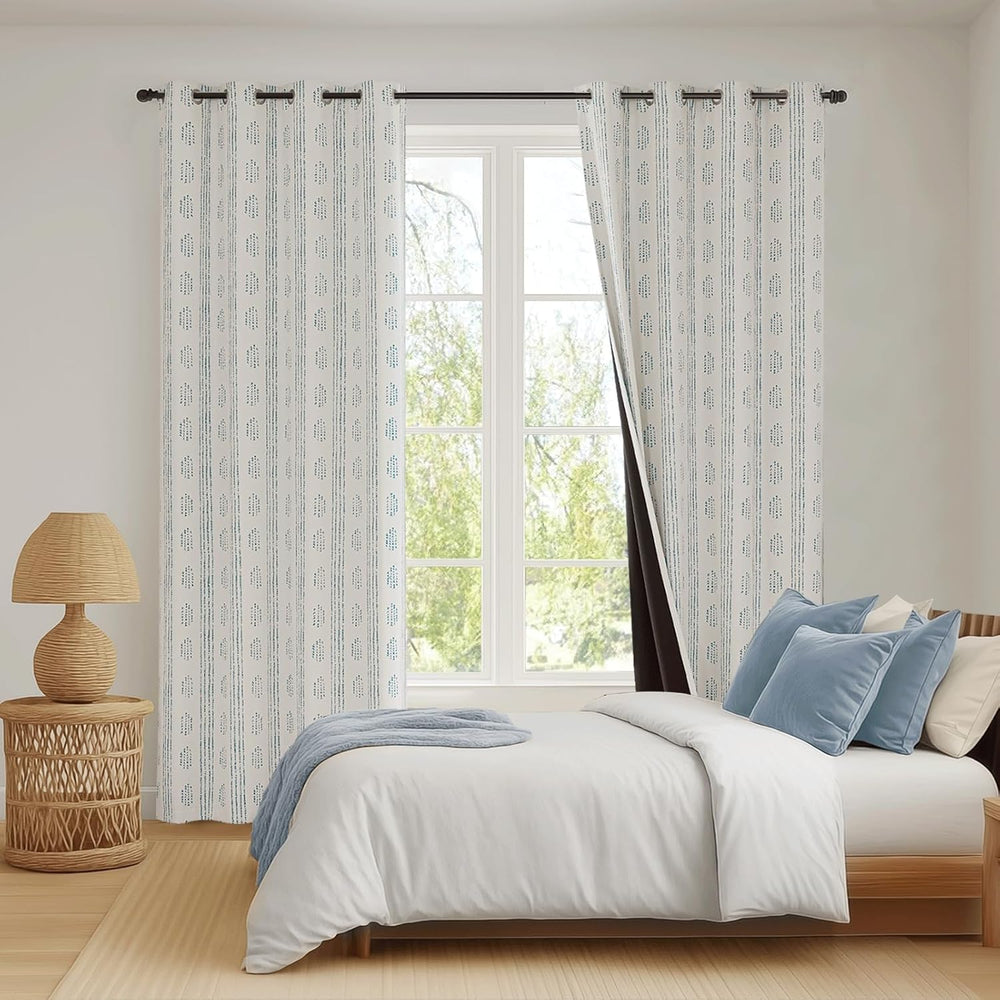 100% Blackout Blue Boho Curtains, 84 Inches, 2 Panels for Bedroom