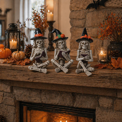 Dlfghos 3 Pieces Halloween Skeleton Statue Halloween Skull Figurine Home Decor Reading Skeleton Figurines Decorations for Indoor Fireplace Home Kitchen Desk Office Party