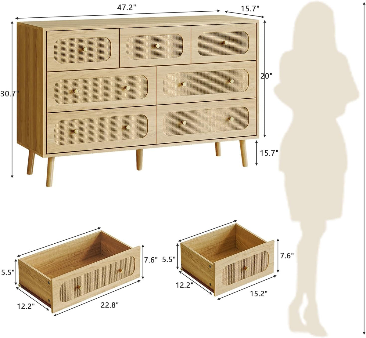 hourom 47.2“ wide rattan 7 drawer dresser with shown in use