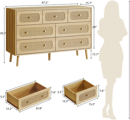 hourom 47.2“ wide rattan 7 drawer dresser with shown in use