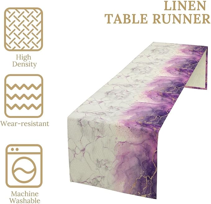 Abstract Marble Dining Table Runner, Modern Purple Golden Watercolor Table - Image 5