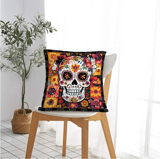 Throw Pillow Covers 18x18 Set of 2, Sugar Skull Cushion Covers, Decorative - Image 2
