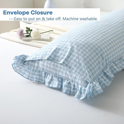 Light Blue White Plaid Ruffle Gingham Bedding Body Pillow Cover, 100% Cotton - Image 5