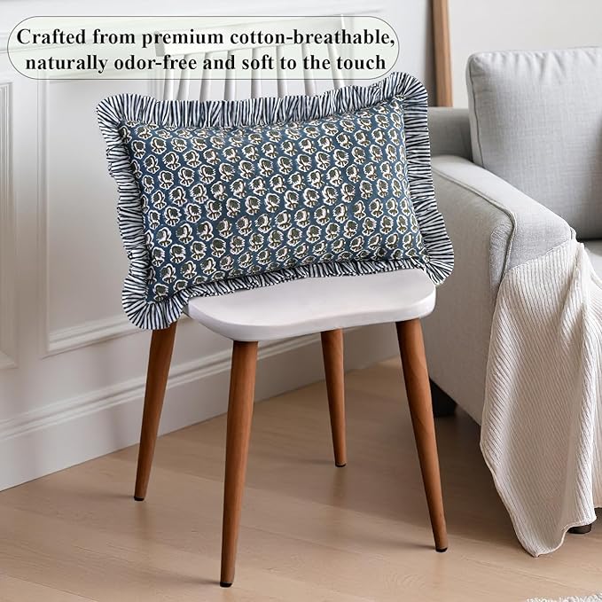 Ridhi Peacock Blue 100% Cotton Block Print Ruffle Lumbar Sham Cover Handmade - Image 8
