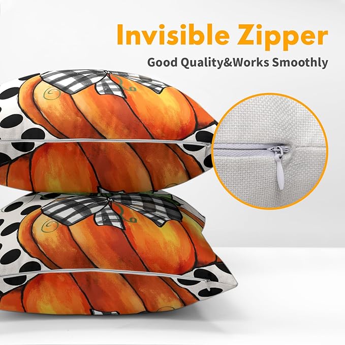 Fall Outdoor Pillows Covers 18x18 Inch Set of 2 Orange Pumpkin Black Polka Dot - Image 3