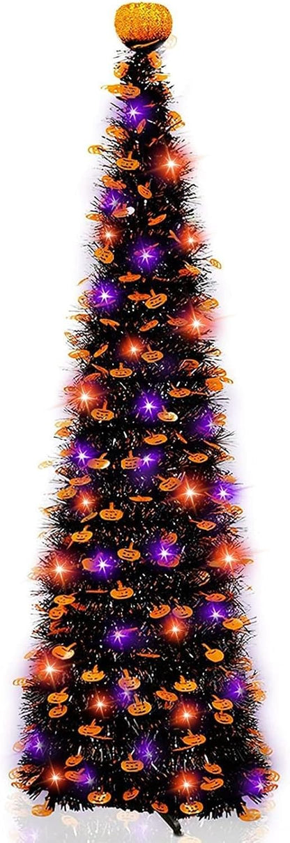 6 Ft Black Tinsel Halloween Tree with Lights Halloween Decorations