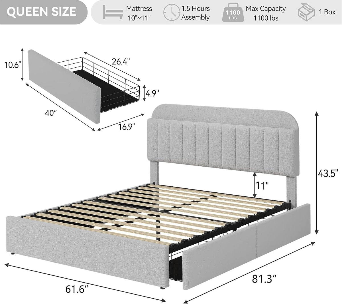 garveehome queen bed frame, platform bed with storage shown in use