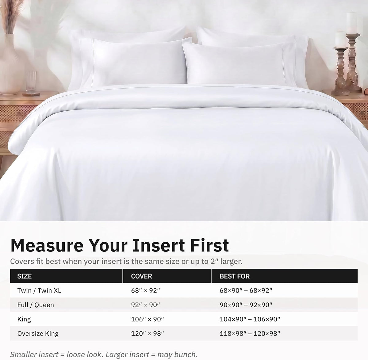 california design den luxury king duvet cover, white showing dimensions