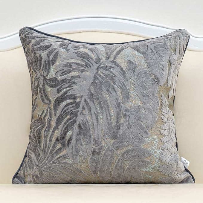 Alerfa 20 x 20 Inch Gray Silver Square Maple Leaf Pillow Embroidery Cut Velvet by Alerfa