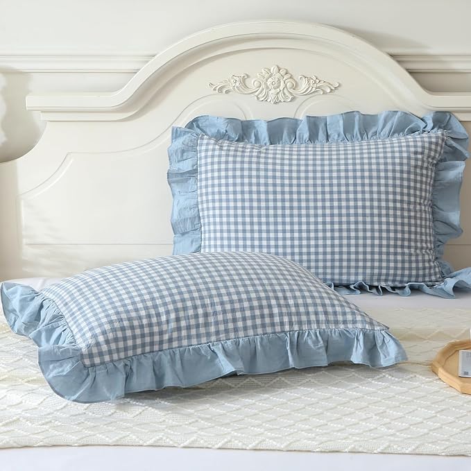Blue Plaid Ruffle Pillow Shams Standard Size Set of 2, Shabby Checkered Washed by Mywinlle