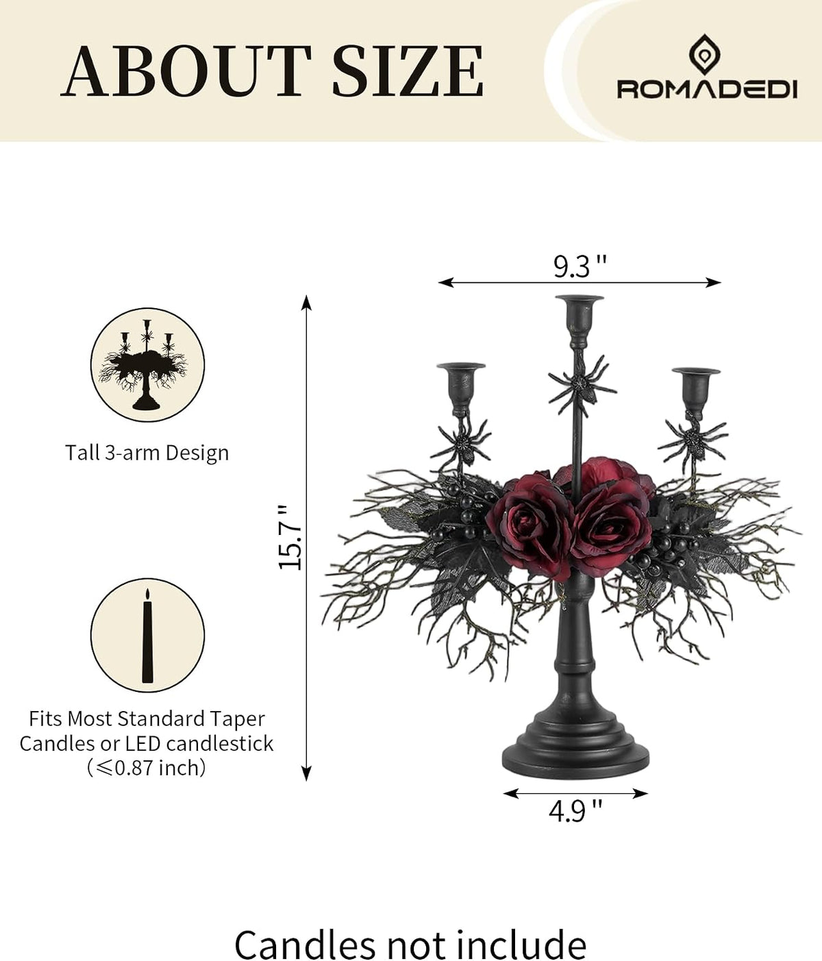 Romadedi Black Halloween Candelabra, Gothic Candlestick Holder, 15.7 in