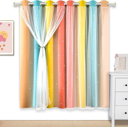 Kinryb Nursery/Kids/Girls Room Star Cut Out Blackout Rainbow Curtain - Image 2