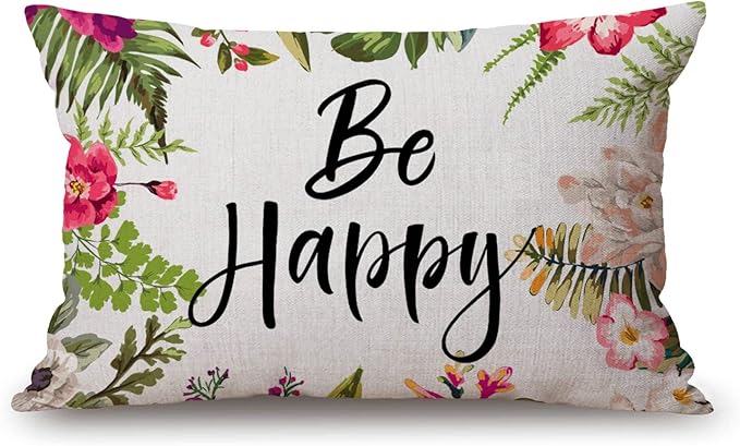 12x20 Inches Pillow Covers Rustic Farmhouse Decor Be Happy Pillowcases Cotton by Solekla