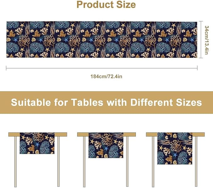 Ocean Coastal Table Runner, Coral Shell Starfish Seaside Nautical Beach Navy - Image 3