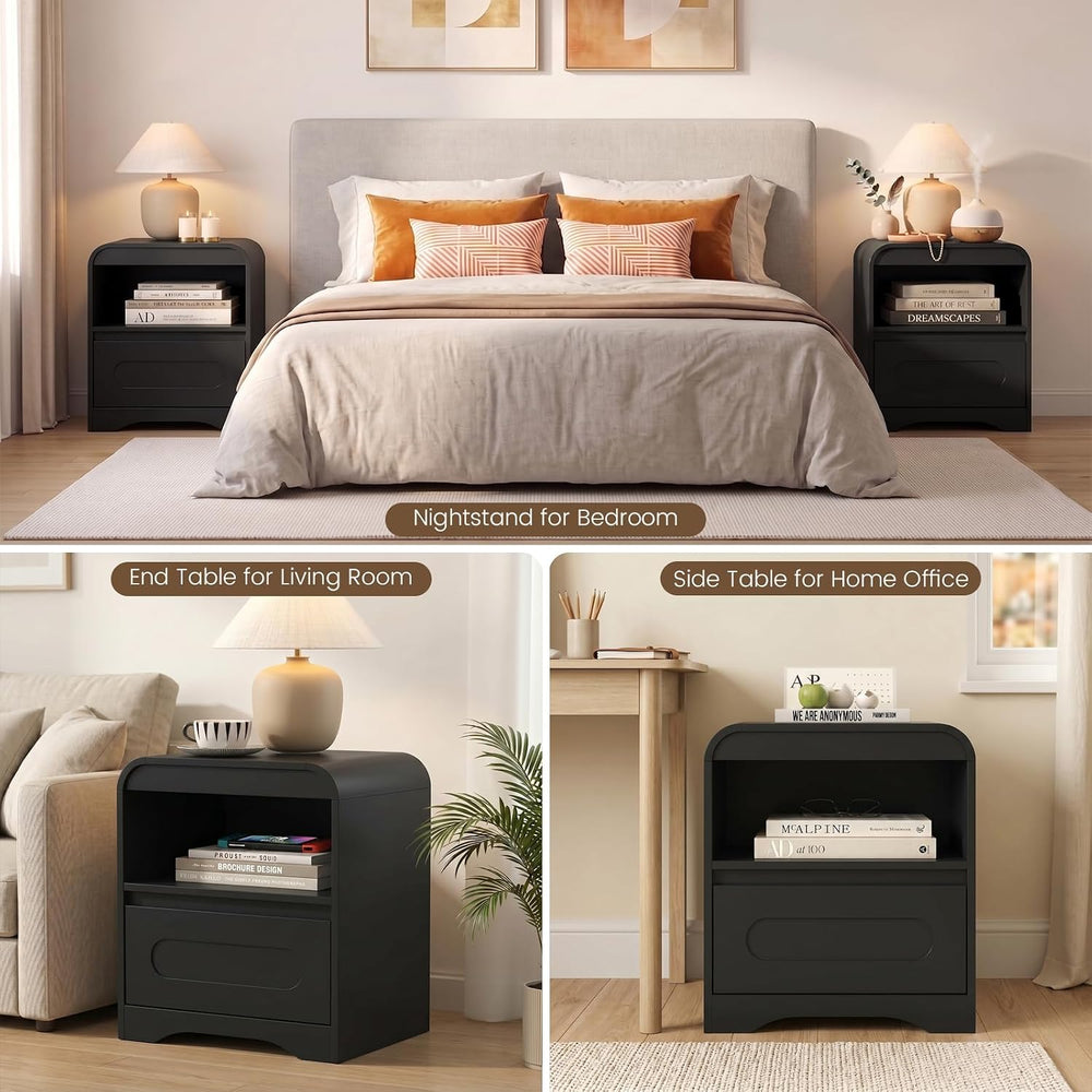 Wood Nightstand with Drawers, Curved Bedside Side End Table w/Open Storage