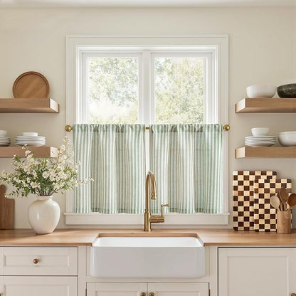 jinchan Striped Linen Kitchen Curtains 20 Inches Length Tier Curtains Farmhouse by JINCHAN