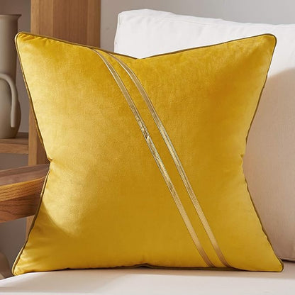 Avigers 20 x 20 Inch Yellow Gold Leather Striped Lines Velvet Cushion Case by Avigers