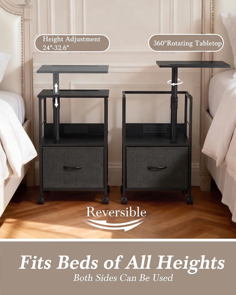 Faesun Night Stand with Charging Station & Swivel Top, Black Gray