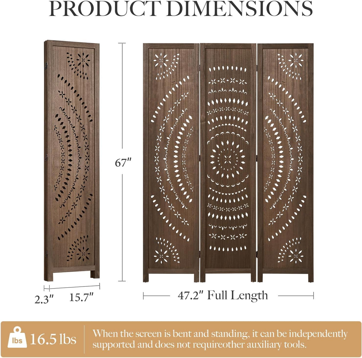 66.9inch folding room divider, 3 panels wood carved on a desk or shelf