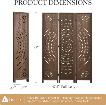 66.9inch folding room divider, 3 panels wood carved on a desk or shelf