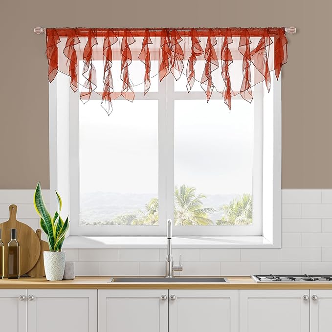 PearAge Ruffled Voile Semi Sheer Curtain Valance, Kitchen Living Room Shabby - Image 2