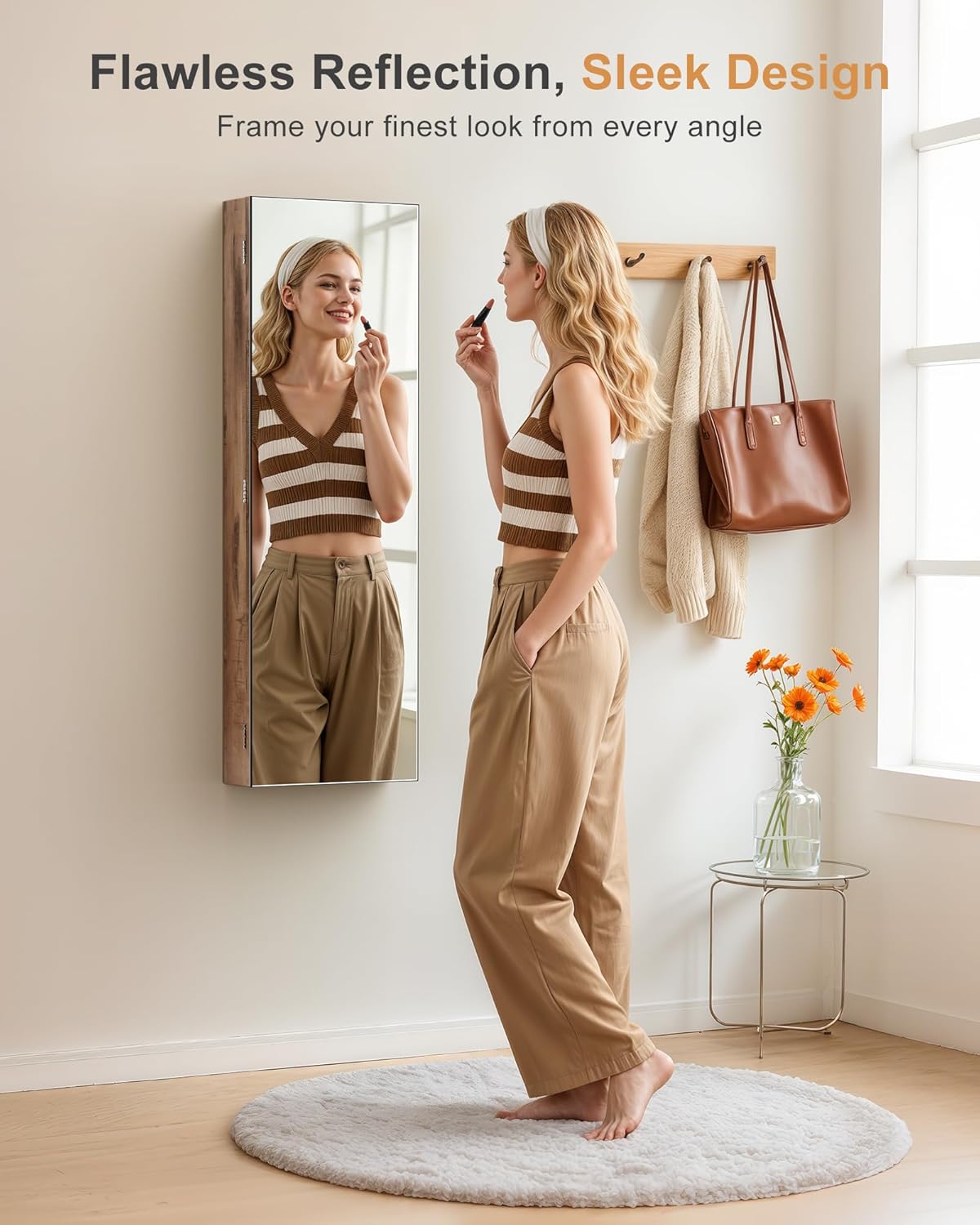 nicetree mirror jewelry cabinet, full length mirror, wall shown in use