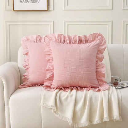 Pink/White Plaid Ruffle Throw Pillow Covers Farmhouse Checkered Gingham 20"x20" - Image 2