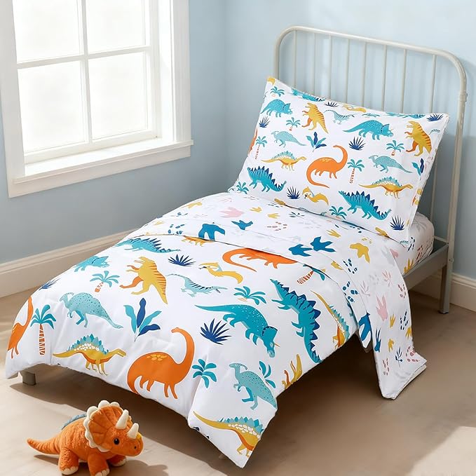 PERFEMET 4 Pieces Toddler Bedding Set Cartoon Dinosaur Print Comforter Sheet Set by PERFEMET