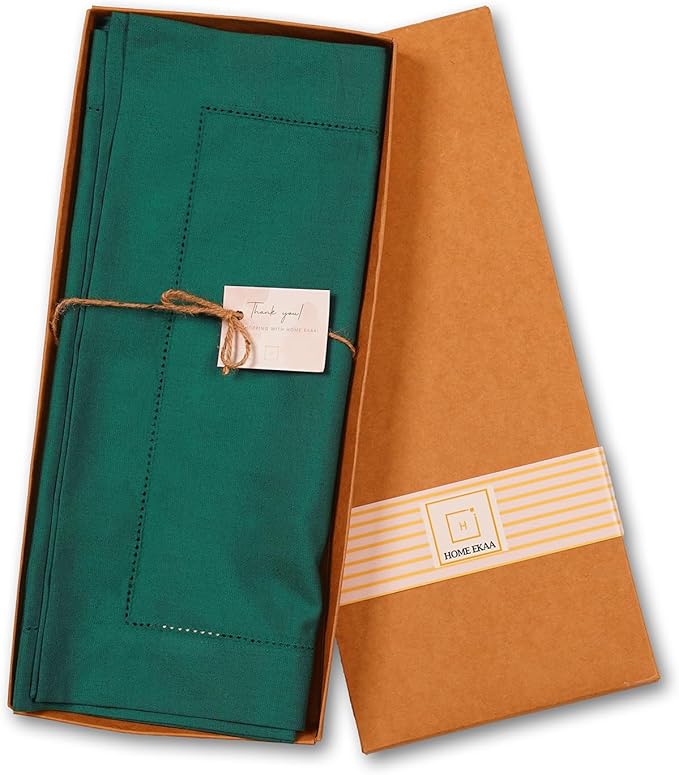 Home Ekaa Green Cotton Linen Table Runner 120 Inch – Washable Hemstitch - Image 4