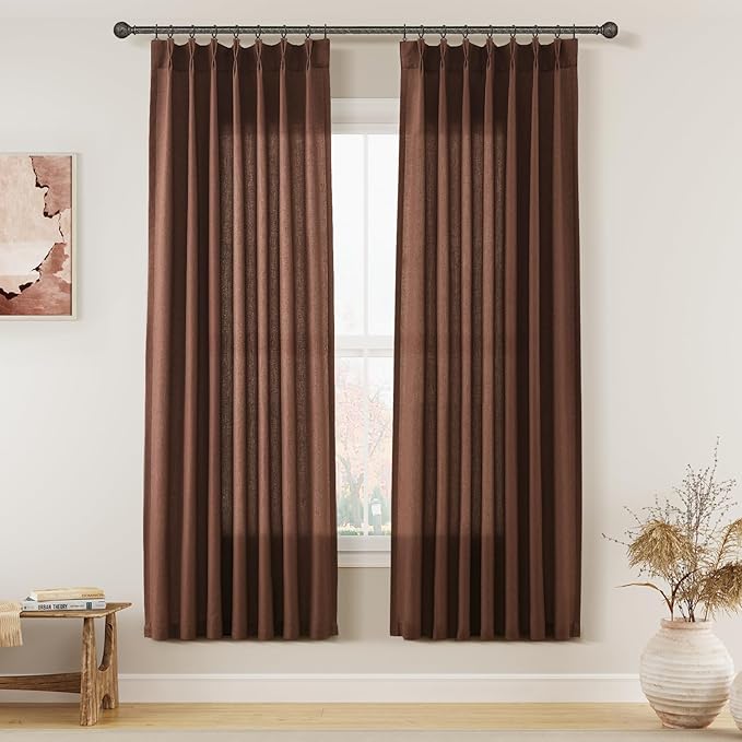 Rustic Brown Pinch Pleated Linen Curtains 63 Inch Length 2 Panels by Aersas