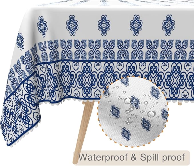 60x102inches Blue Medallion Print Tablecloth Mykonos Blue Mediterranean Tile - Image 2