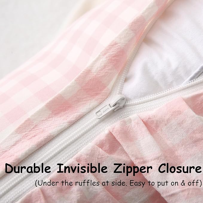 2 Pack Blush White Plaid Ruffle Gingham Throw Pillow Covers, 100% Washed Cotton - Image 5