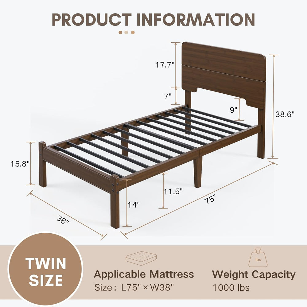 14" Solid Bamboo Wood Twin Platform Bed Frame with Headboard