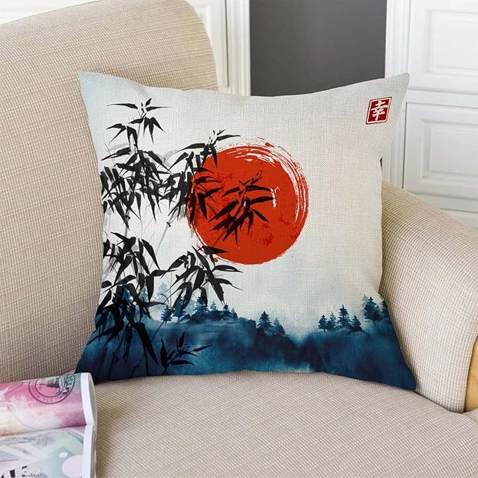 TSSOHU Throw Pillow Cover Japanese Bamboo Pillow case Asian Ink Painting Black - Image 3