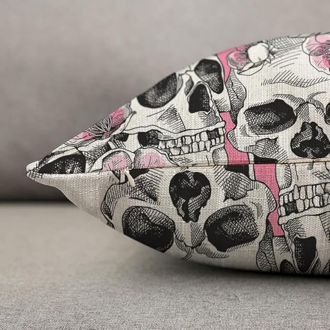 TKS MITLAN Skull and with Flowers Pillow Cover 18x18 inch Pink Cherry Rustic - Image 6