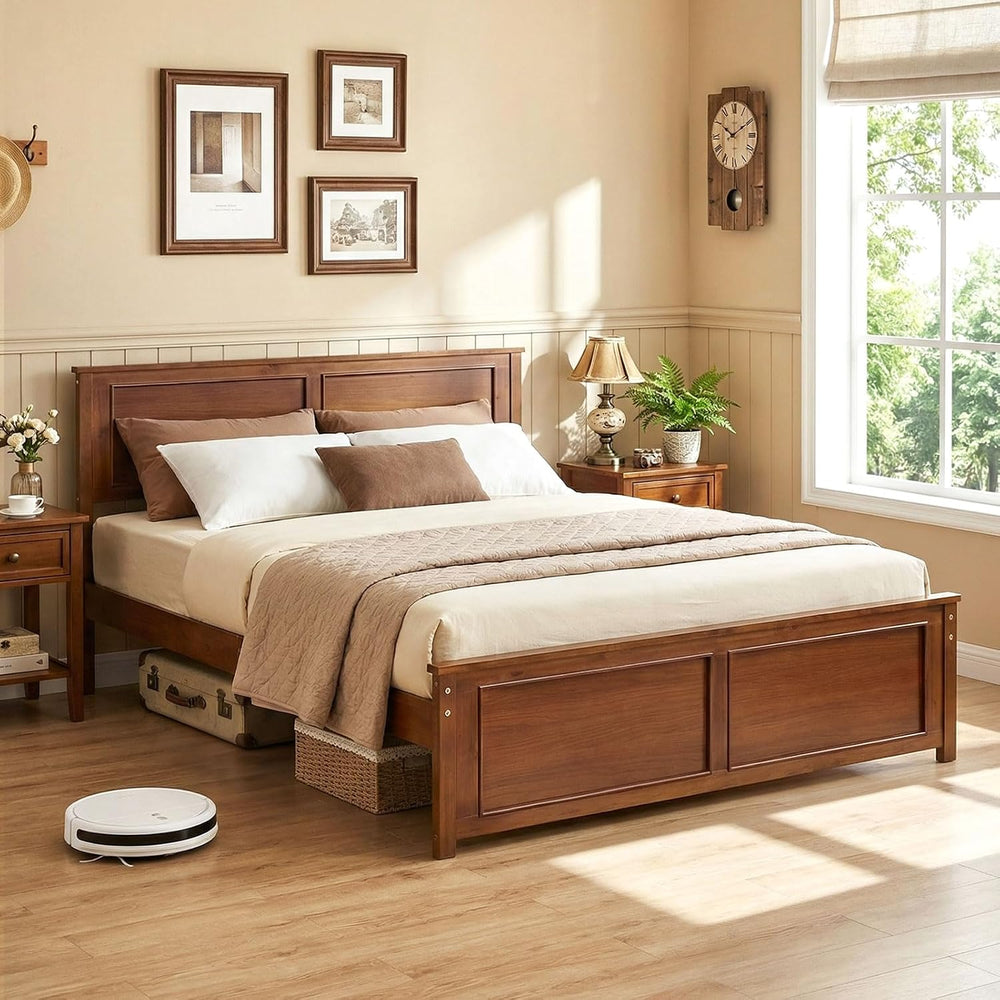 GIANTEX Wood Queen Size Bed Frame with Headboard, Farmhouse Solid Platform Be...