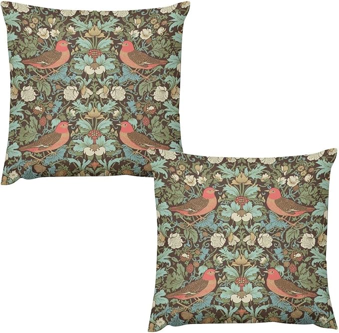 William Morris Floral Original Throw Pillow Covers Boho Chic Retro Floral Bird by XBDDZSW