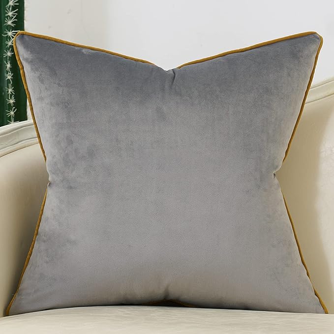 Avigers 20 x 20 Inch Grey Gold Striped Geometric Lines Embroidery Velvet - Image 2