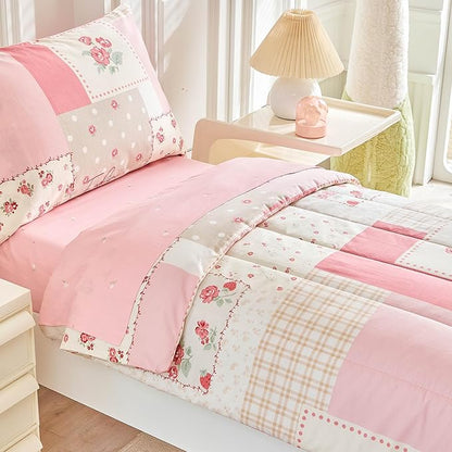 Joyreap 4 Piece Cotton Toddler Bedding Set- Pink Flower Plaids Patchwork Design - Image 5