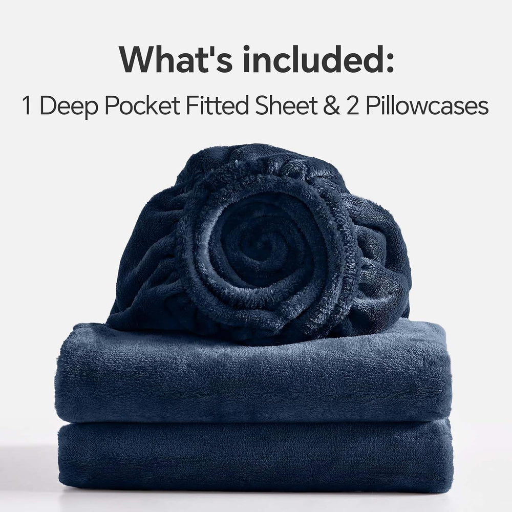 BEDELITE Fleece Queen Fitted Sheet & Pillowcases Set, Navy, 3 Pieces