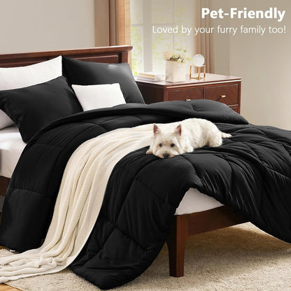 cozylux full size comforter sets, 3-piece box-stitched, black, front angle view