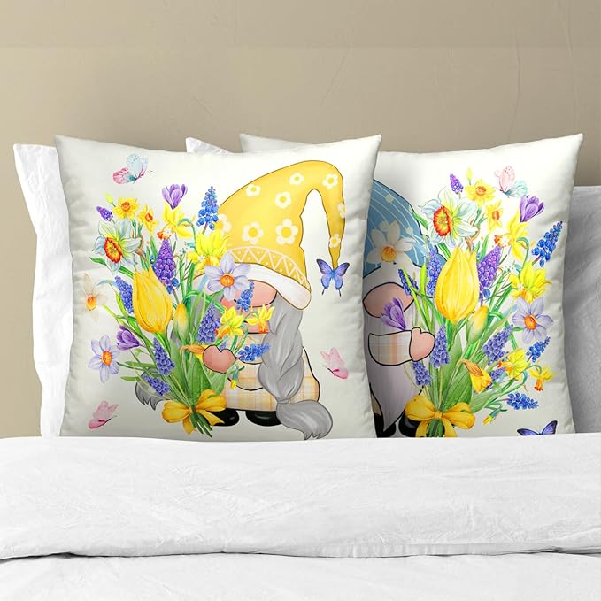 Spring Gnome Decorative Throw Pillow Cover 16x16 Inch Set of 2 Bloom Flower - Image 2