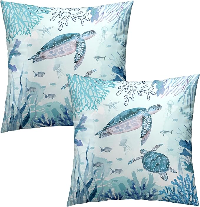 Set of 2 Sea Turtle Throw Pillow Cover 20x20 inch Nautical Coastal Ocean Coral - Image 2