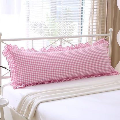 Pink White Plaid Ruffle Gingham Body Pillow Cover, 100% Washed Cotton Rustic by KMASANIJI