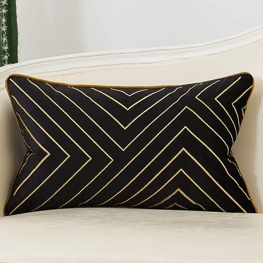 Avigers 12 x 20 Inch Black Gold Striped Geometric Lines Embroidery Velvet by Avigers