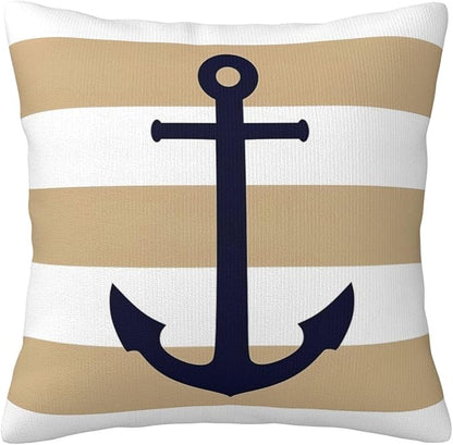 Myshe Square Nautical Navy Blue Anchor On Tropical Tan Stripes Throw Pillow by Myshe