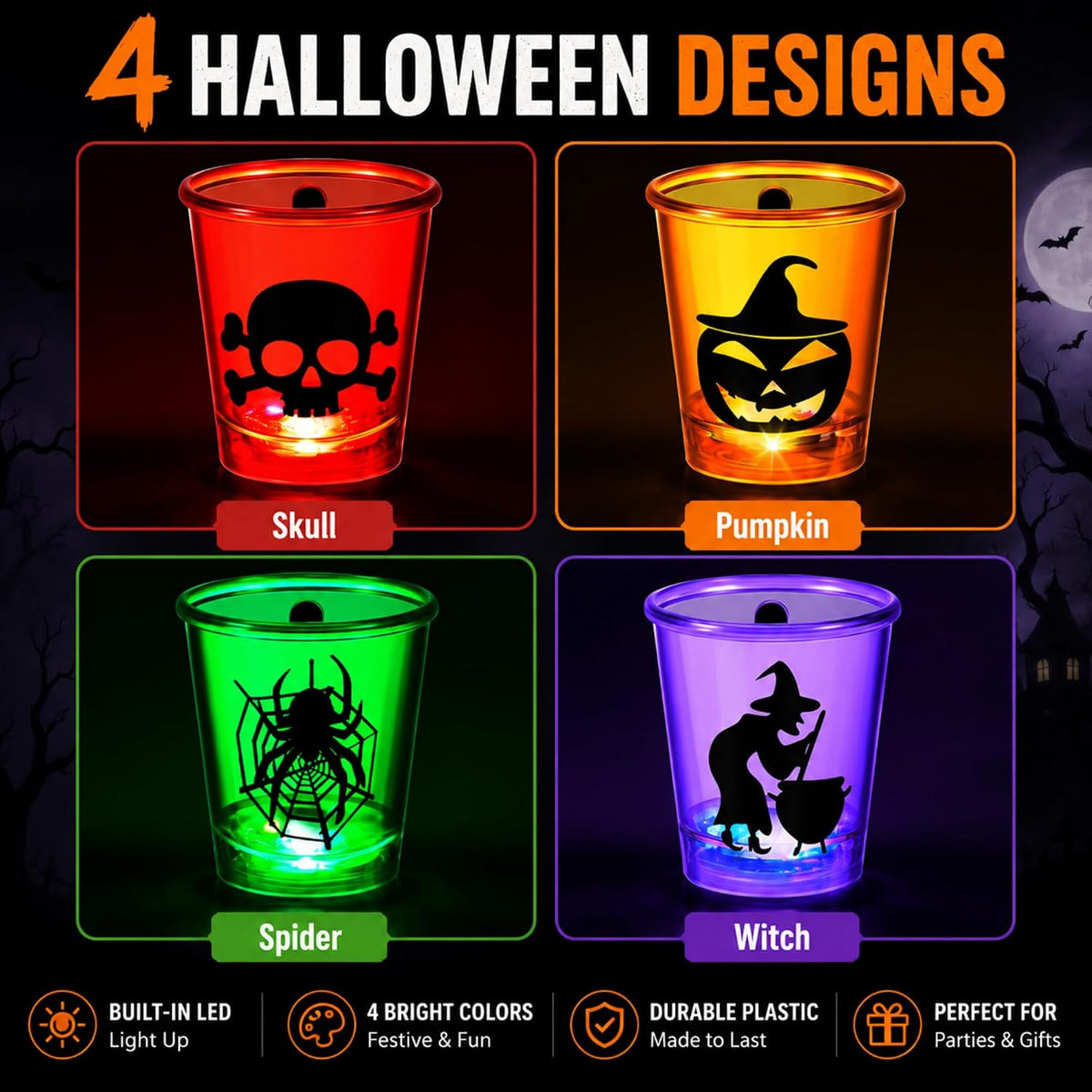 Henoyso 24 Pcs Halloween Shot Glass on Beaded Necklace Skull Plastic Shot Glasses Ghost Cups Assorted Glass Necklaces Bulk for Halloween Party Favors Decorations Supplies (Stylish Style)